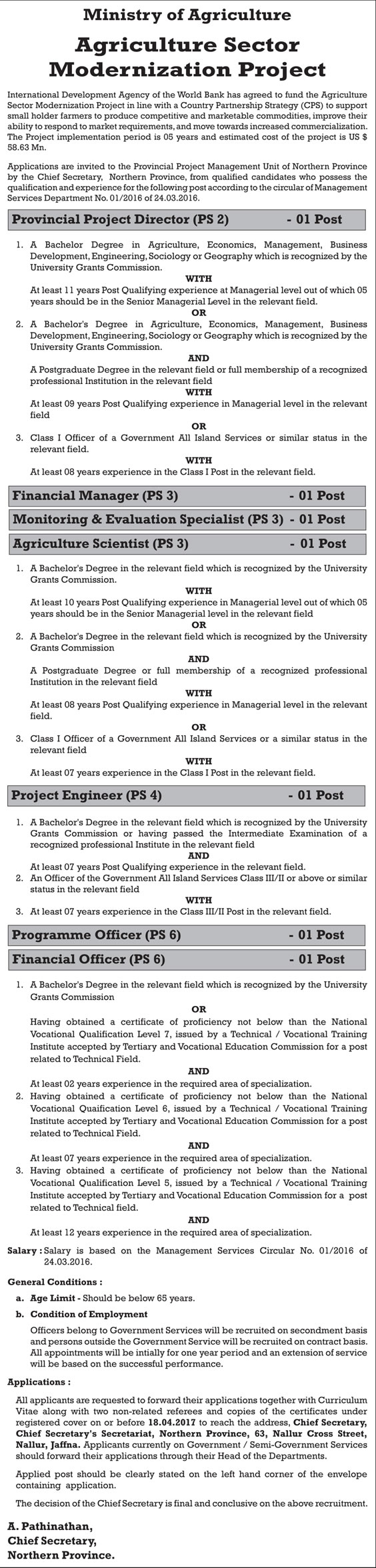 Provincial Project Director, Financial Manager, Monitoring & Evolution Specialist, Agriculture Scientist, Project Engineer, Programme Officer, Financial Officer - Ministry of Agriculture